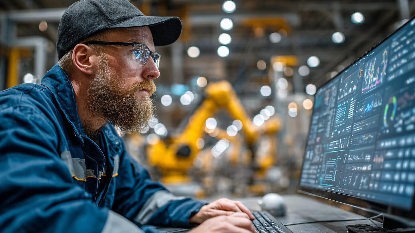 Engineer analysing AI-powered analytics dashboard in a modern UK manufacturing facility with robotic production line in background