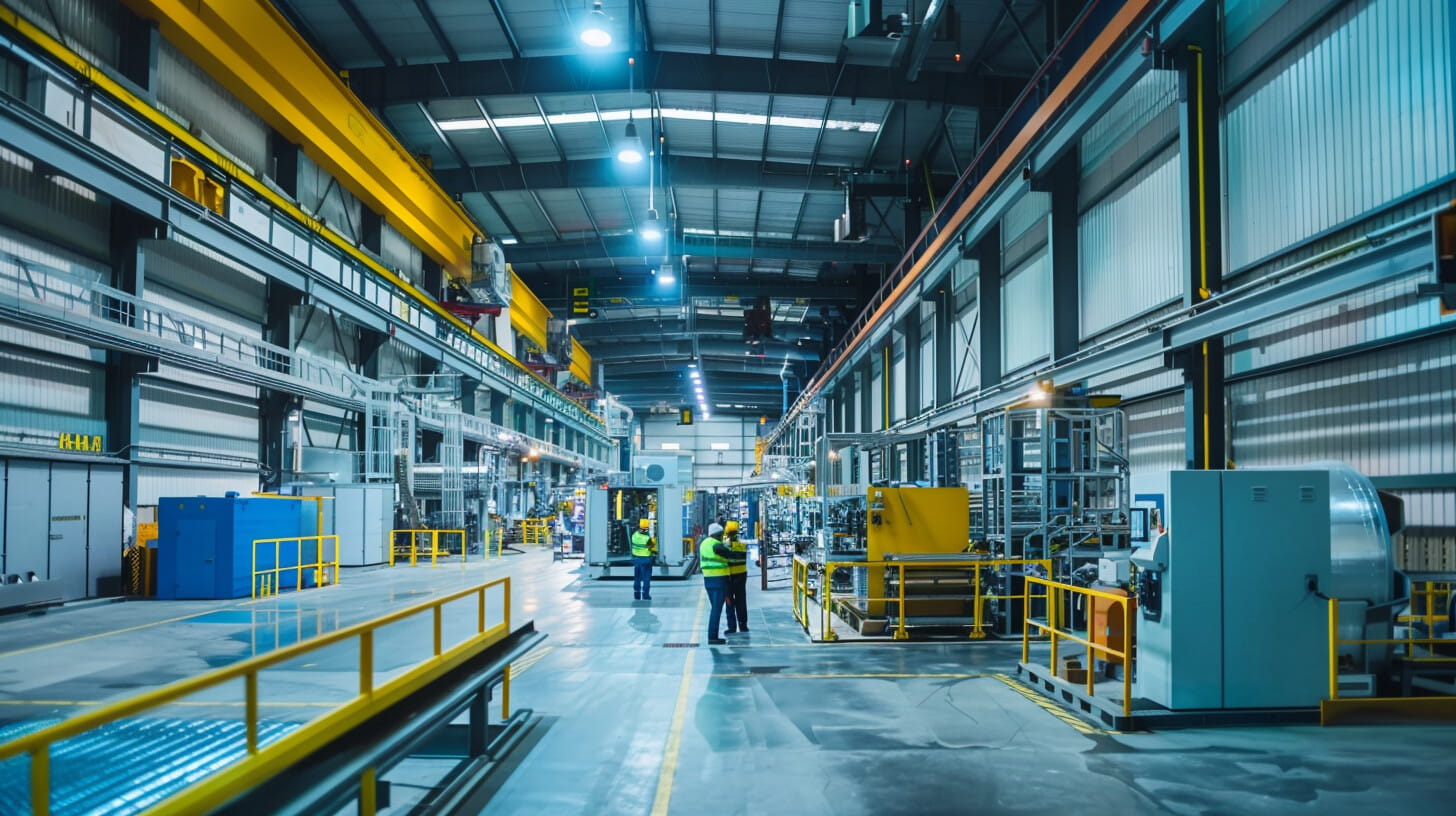 Modern manufacturing facility interior showing industrial machinery, electrical infrastructure, and workers monitoring production equipment