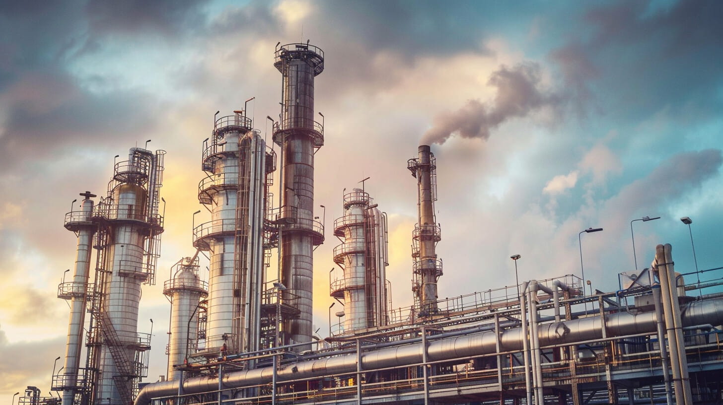 Aerial view of Mossmorran chemical processing plant in Fife, Scotland, showing industrial towers and pipeline infrastructure