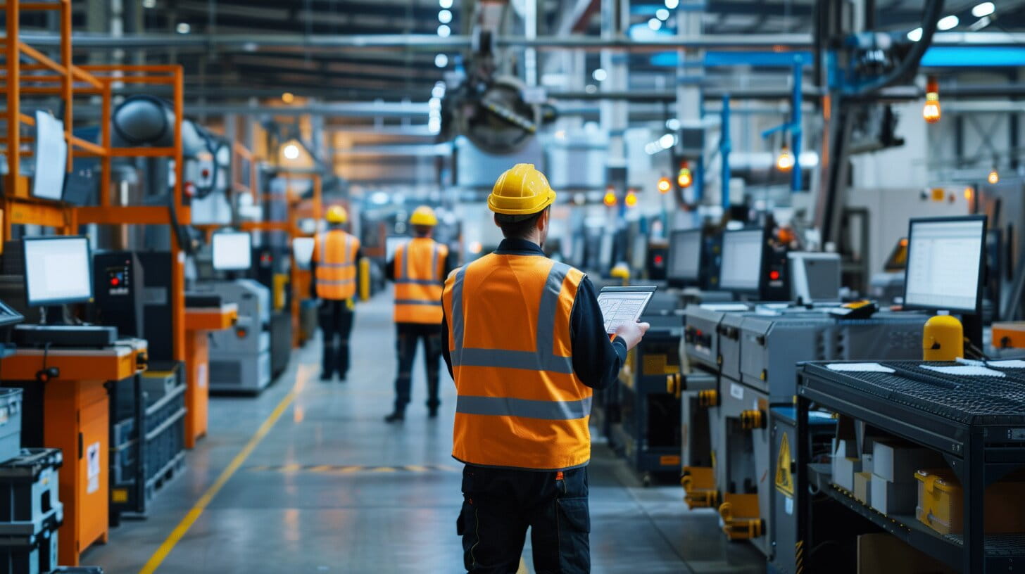 Manufacturing workers operating modern equipment in British factory with visible skills shortage impacting operations and digital transformation efforts
