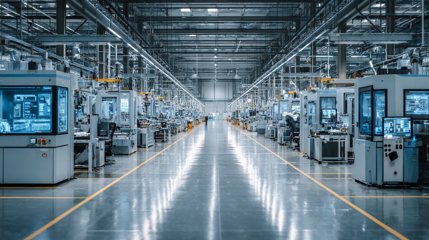 Modern UK manufacturing facility with robotic arms and digital twin displays working alongside human engineers