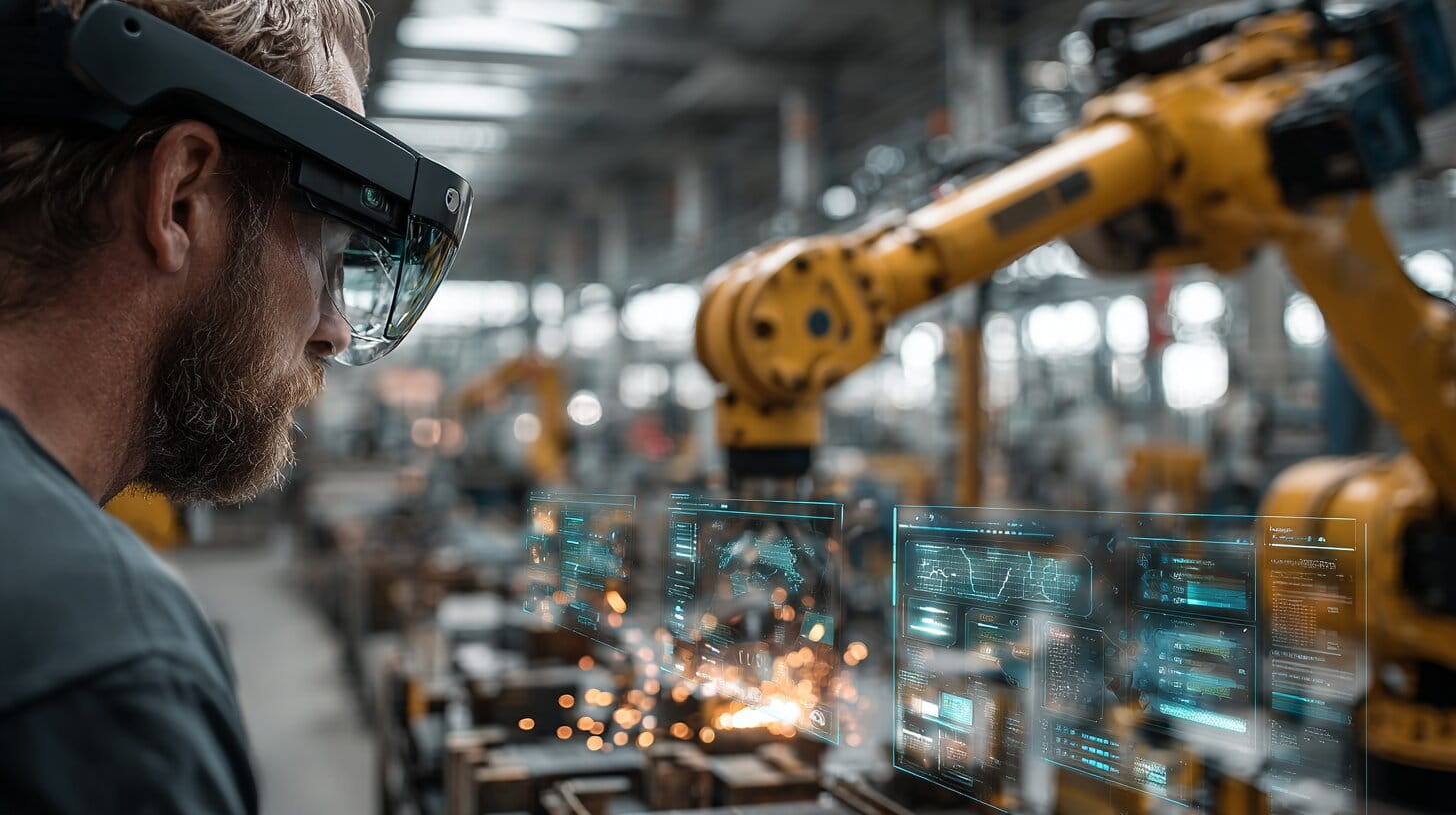 A technician wearing augmented reality glasses works alongside a collaborative robot on a modern UK factory floor, with digital training overlays visible
