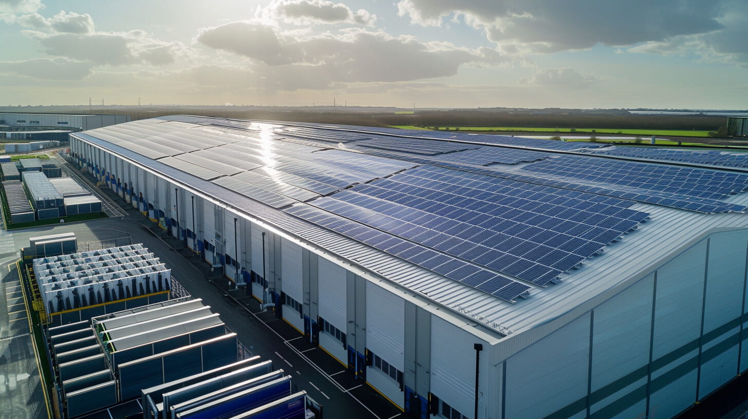 Aerial view of a UK factory rooftop fitted with solar panels and ground-level battery storage units