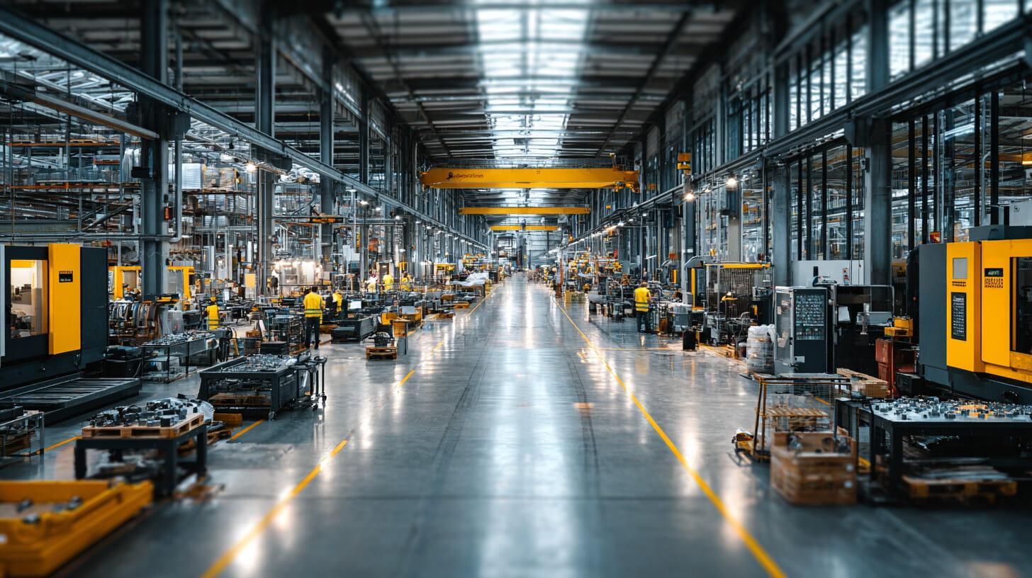 British manufacturing facility floor with workers examining components alongside global shipping containers and world map, representing international trade challenges