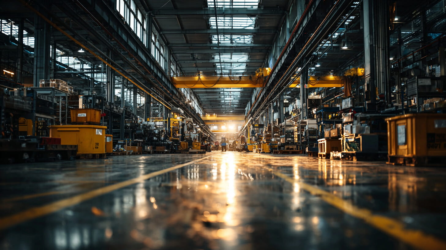 British manufacturing facility with shipping containers and cargo being prepared for export to international markets