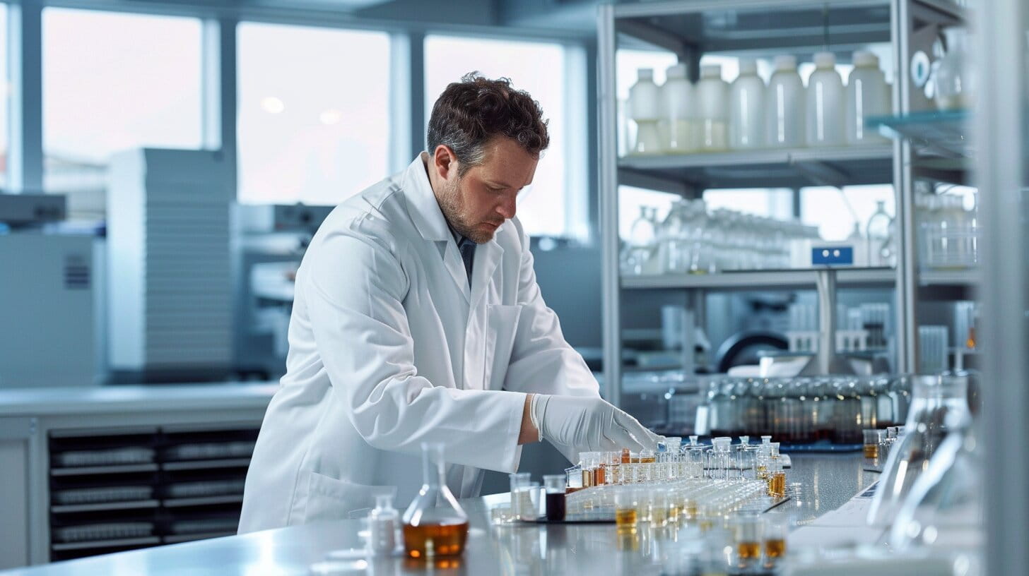 Food scientist examining colourful flavour concentrate vials in a modern laboratory setting