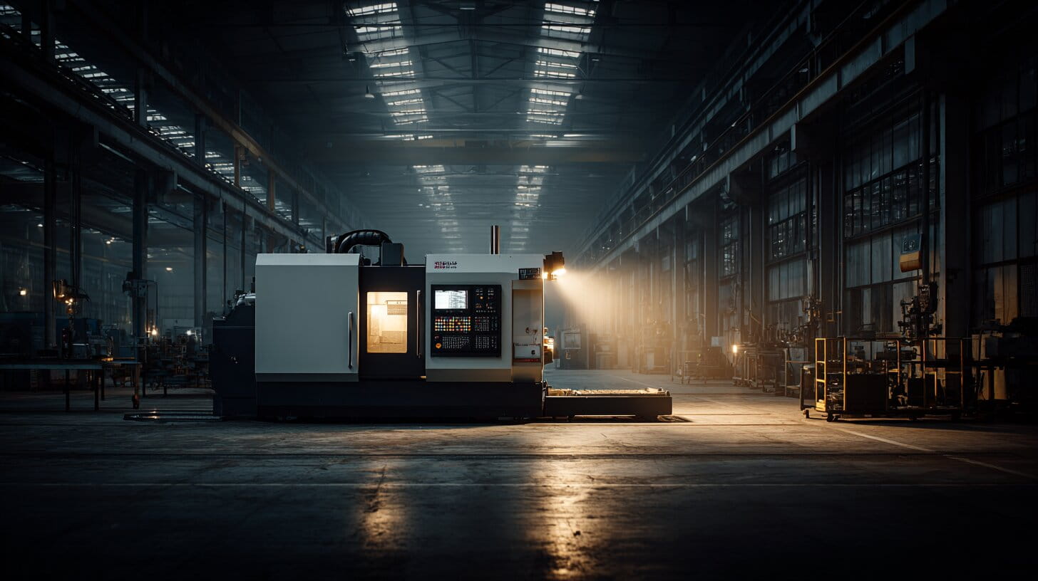 CNC machine standing idle with control panel lights glowing in an empty UK factory at night