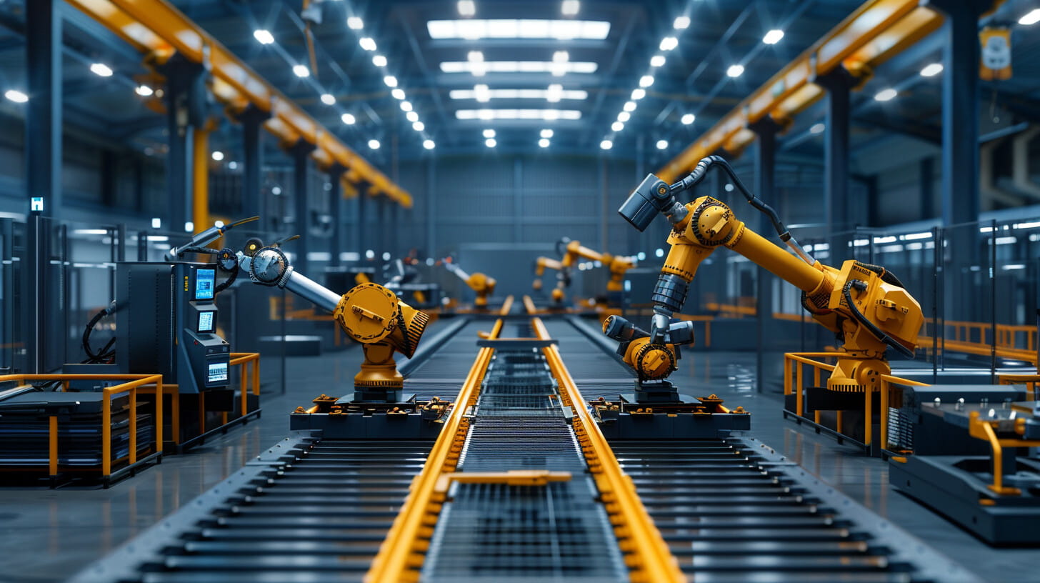 Modern automated manufacturing facility with industrial robots and precision machinery, representing the shift toward automation in UK manufacturing