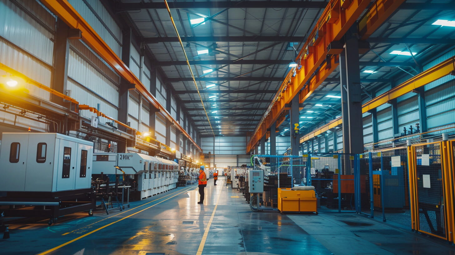 Inside a UK manufacturing facility with workers reviewing production costs near industrial machinery