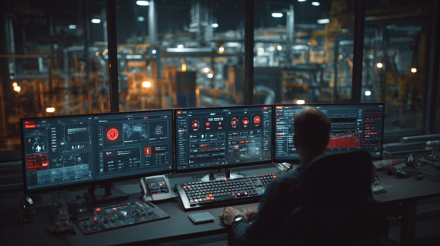 Factory control room with security monitoring screens showing network alerts and an operator reviewing cyber threat data