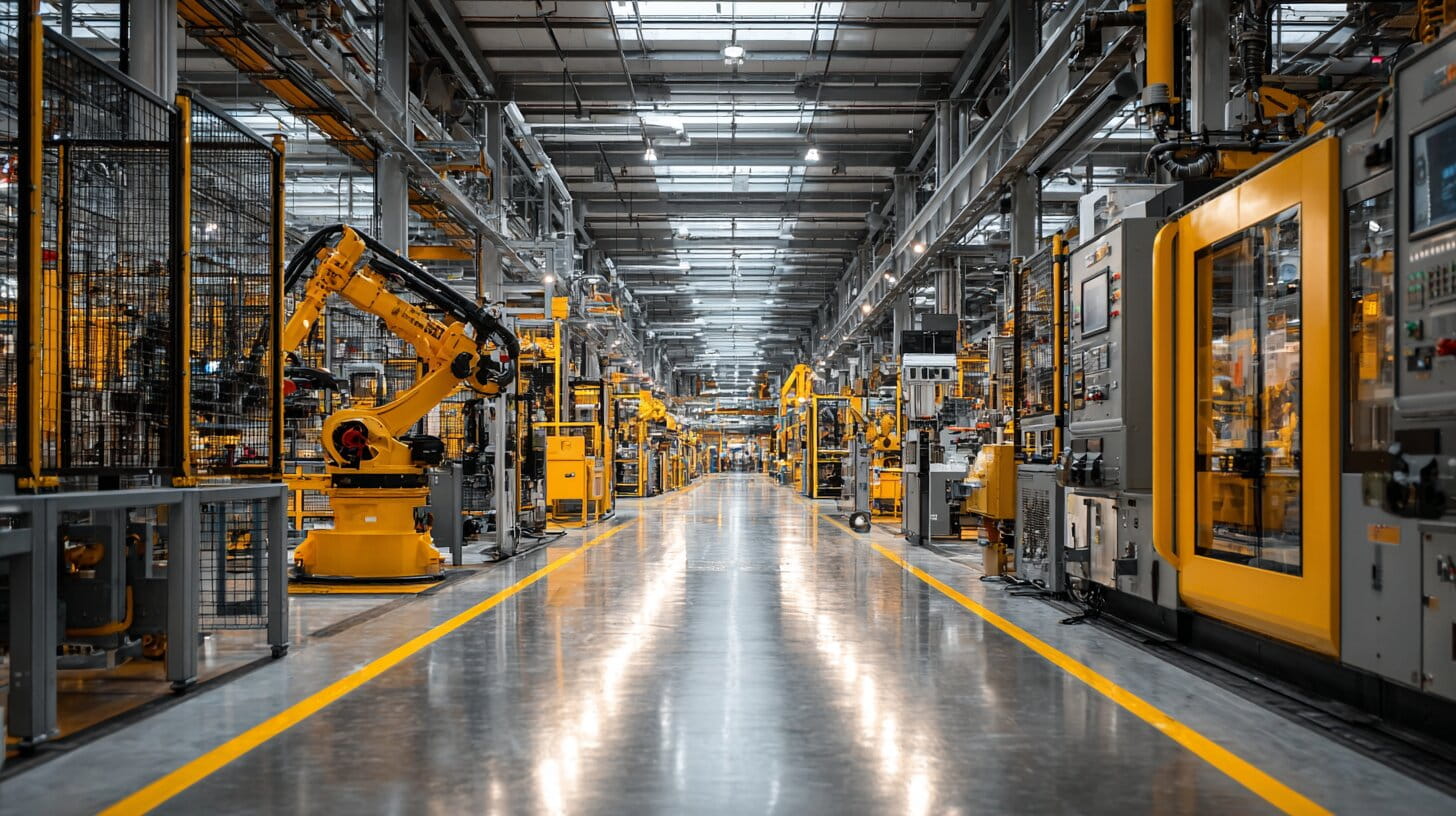 Modern automated UK factory floor with robotic arms and technicians monitoring digital control systems
